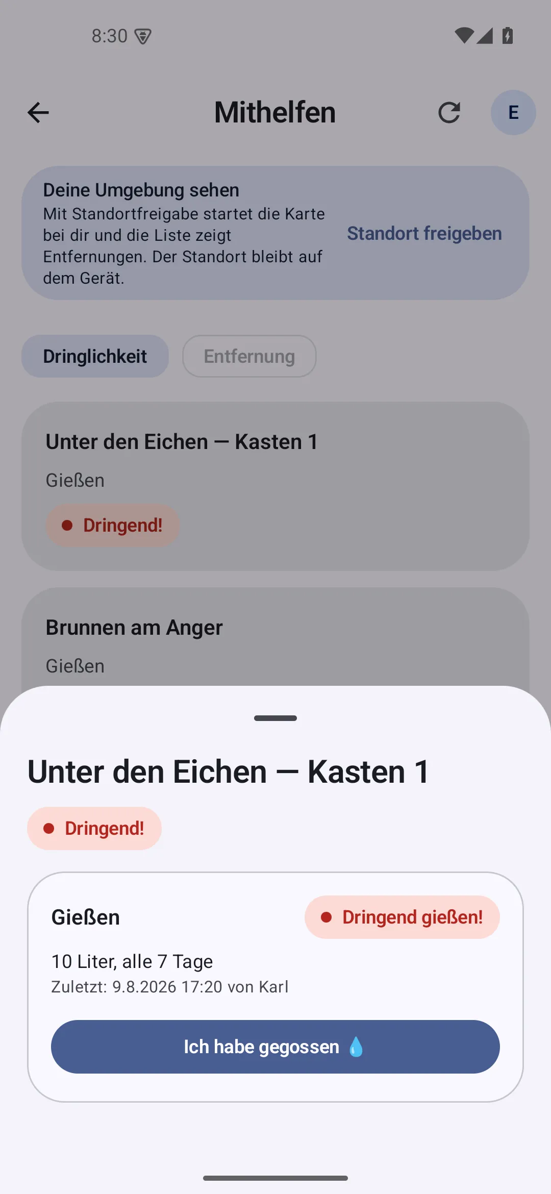 Detailansicht eines Blumenkastens in der App mit der Angabe „10 Liter, alle 7 Tage“, dem Vermerk „Zuletzt: 9.8.2026 17:20 von Karl“ und dem Knopf „Ich habe gegossen“.
