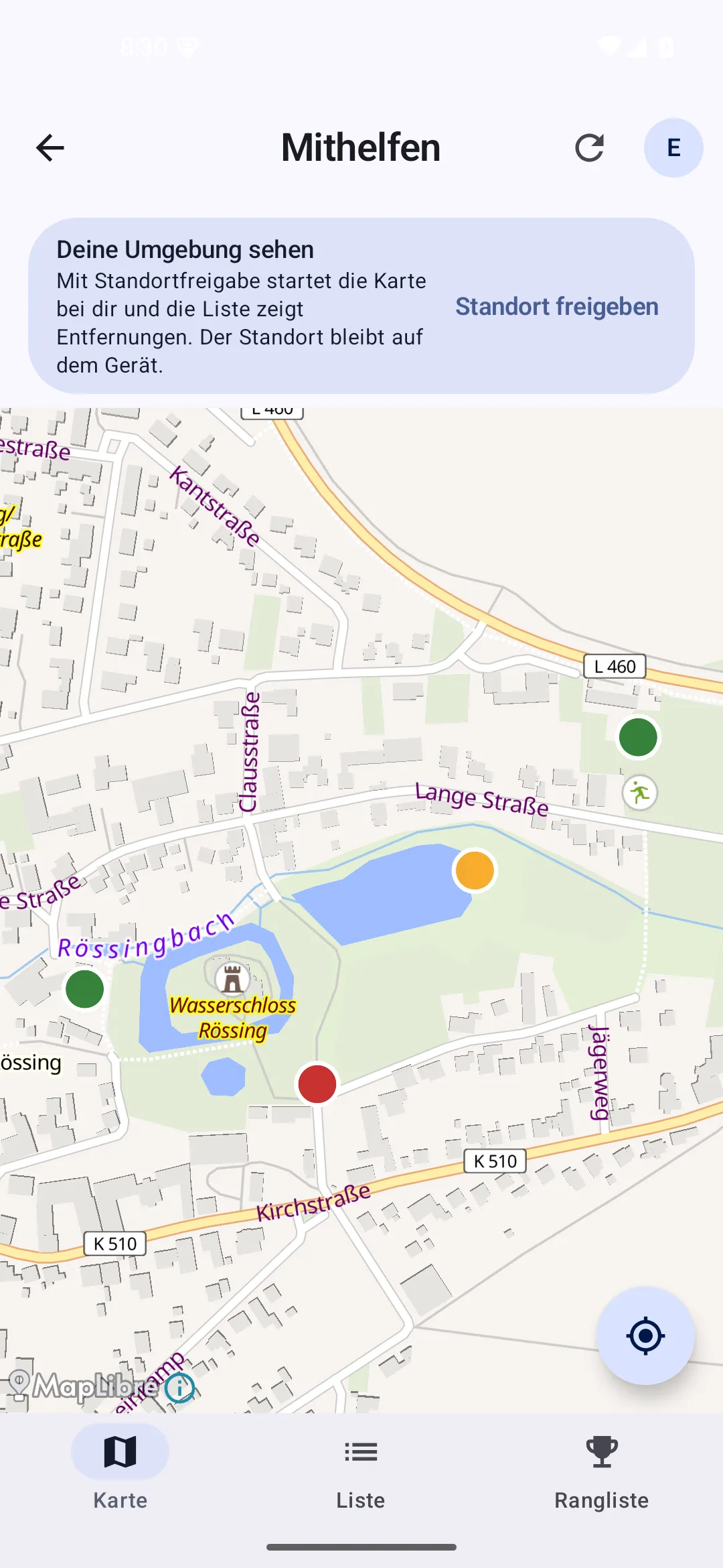 Die Rössing-App zeigt eine Karte von Rössing mit farbigen Markern: grün für erledigte, gelb und rot für zu gießende Blumenkästen und Beete.