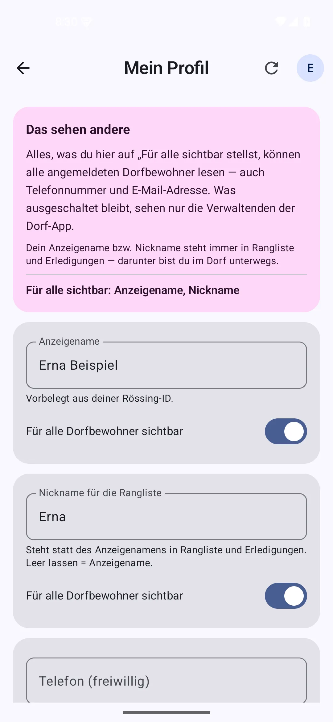 Profilseite in der App mit den Feldern Anzeigename und Nickname, jeweils mit einem Schalter „Für alle Dorfbewohner sichtbar“, darunter das freiwillige Feld für die Telefonnummer.